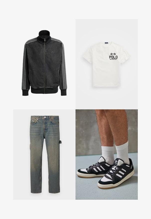 Black zip-up athletic jacket with high collar, grey three-stripe accents along sleeves, and ribbed cuffs and hem. Features subtle logo on chest.; White cotton T-shirt with a round neck, featuring a black "Polo Motorsport" logo and crossed checkered flags on the left chest.; Denim jeans in light blue with a faded effect, straight leg design, five pockets, and belt loops. Features a side strap detail.; Black and white sneakers with a suede and leather upper, featuring three white stripes, a perforated toe, and a gum rubber sole.