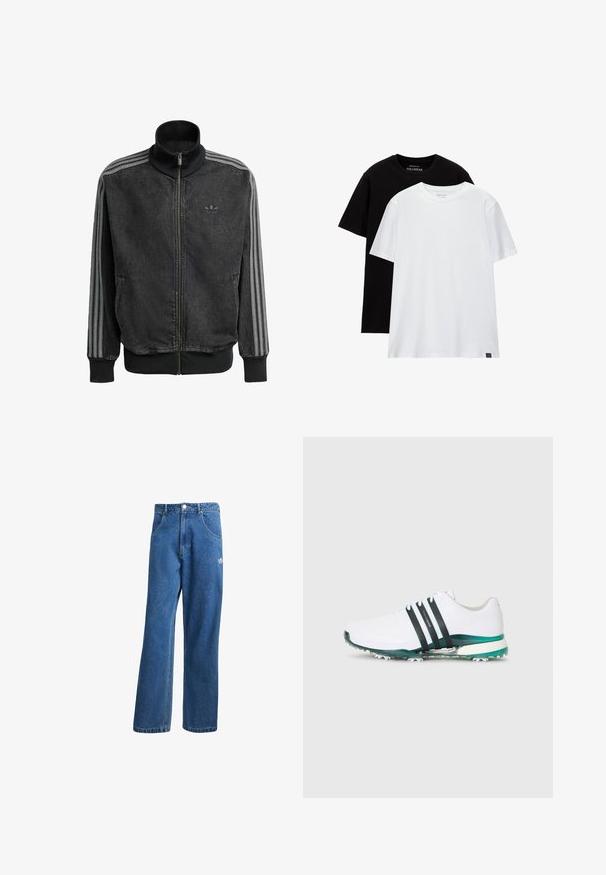 Czarna kurtka sportowa na zamek z wysokim kołnierzem, szare paski w trzy linie wzdłuż rękawów oraz ściągacze na mankietach i u dołu. Zawiera subtelne logo na klatce piersiowej.; Dwie koszulki o regularnym kroju, jedna czarna, a druga biała, wykonane z bawełny. Obie mają okrągły dekolt i krótkie rękawy. Prosty design, bez wzorów.; Niebieskie dżinsy o wysokim stanie i szerokich nogawkach z przednimi kieszeniami, paskiem, zapięciem na guziki oraz małym logo Adidas na prawej udzie.; Białe buty sportowe z czarnymi i zielonymi akcentami, teksturowana gumowa podeszwa i trzy czarne paski po bocznej stronie. Lekka konstrukcja.