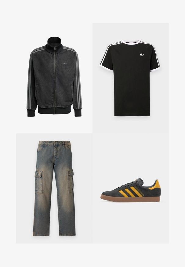 Fekete zipzáras sportdzseki magas gallérral, szürke háromcsíkos részletekkel az ujjak mentén, valamint bordás mandzsettákkal és szegéllyel. Diszkrét logóval a mellkason.; Fekete, pamutból készült póló, fehér díszítéssel. Rövid ujjú, raglan fazonú, a mellkasán kis logóval. Három fehér csík az vállakon.; Farmernadrág, elhalványult kék színben, laza fazonban, két nagy oldalsó zsebbel, varrott varrásokkal és klasszikus derékpánt designnal.; Fekete velúrbőr sportcipő sárga díszítéssel, három csíkkal és barna gumitalppal. Párnázott nyelvével a kényelem érdekében.