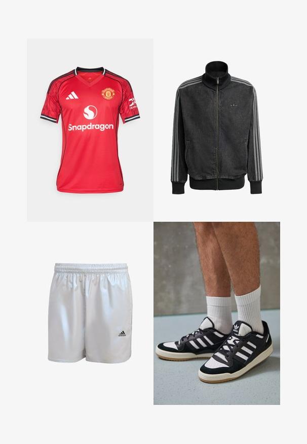 Svart zip-up träningsjacka med hög krage, grå tre-stripes detaljer längs ärmarna samt ribbade ärmslut och nederkant. Har en subtil logotyp på bröstet.; Röd Manchester United-tröja med svarta detaljer, V-ringning, Adidas-logga, klubbens emblem och Snapdragon-märke i mitten.; adidas Originals SUPERNOVA - Shorts - halo silver; Svartvita sneakers med ovandel i mocka och läder, med tre vita ränder, perforerad tå och sula av gummigummi.