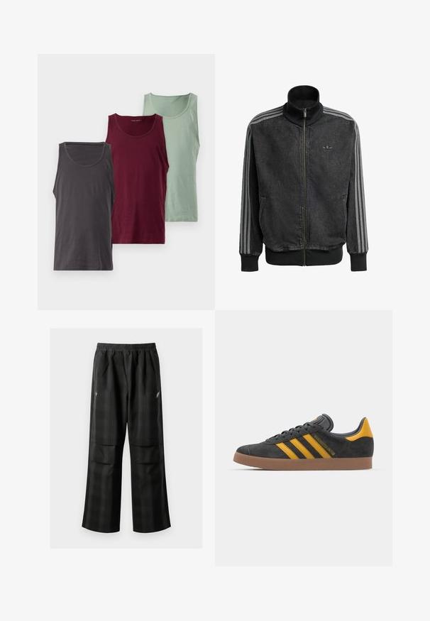 Mustan vetoketjullinen urheilutakki, jossa on korkea kaulus, harmaat kolmi-nauha-akcentit hihoissa sekä ribboneuleet hihoissa ja helmassa. Rinnassa on huomaamaton logo.; Kolme tanktoppiä eri väreissä: tummanharmaa, burgundi ja vaaleanvihreä. Jokaisessa on sileä pinta ja pyöreä kaula-aukko.; Mustat ruudulliset housut, joissa on joustava vyötärö, kaksi etutaskua ja rento istuvuus suoralla lahkeella. Valmistettu kevyestä materiaalista.; Mustat samettiset tennarit, joissa on keltaisia yksityiskohtia, kolmonen raita ja ruskea kumipohja. Sisältää pehmustetun kielisen mukavuutta varten.