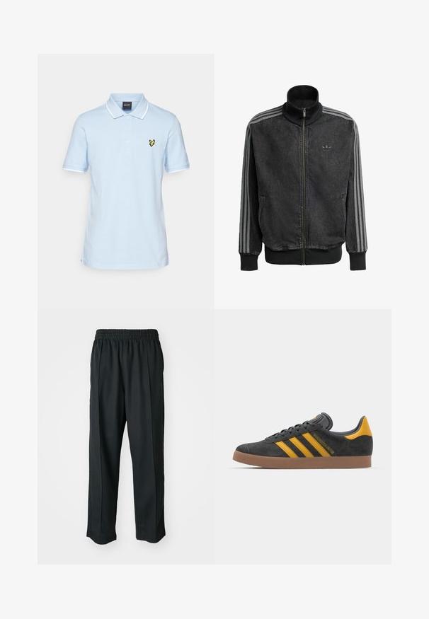 Svart treningsjakke med glidelås og høy krage, grå tre-stripe detaljer langs ermene, samt ribbet mansjetter og nederkant. Har en subtil logo på brystet.; Lyle & Scott Poloskjorter - light blue/white; Sorte idrettsbukser med elastisk midje, laget av glatt stoff, med subtile sidesømmer og en avslappet passform, rett ben-design.; Sort skinnesko i svart semsket skinn med gule detaljer, med tre striper og en brun gummisåle. Inkluderer en polstret tunge for komfort.