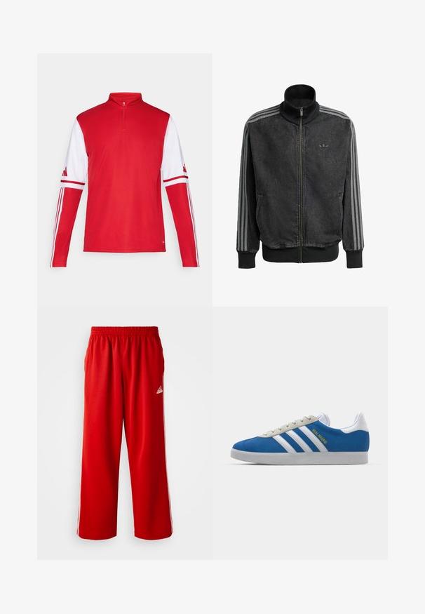 Zwarte sportjas met rits en hoge kraag, grijze drie-streepaccenten langs de mouwen en geribbelde manchetten en zoom. Bevat een subtiel logo op de borst.; Rode sportieve langesleeve shirt met een kwart-rits kraag, witte mouwen, drie witte strepen langs de schouders en het Adidas-logo op de mouwen.; Rode sportbroek met een elastische tailleband, voorzien van witte zijkanten en een klein merklogo op de linkerheup. Gemaakt van lichtgewicht stof.; adidas Originals ADIDAS GAZELLE SHOES - Zaalvoetbalschoenen - real madrid/bluebird/footwear white/crew yellow