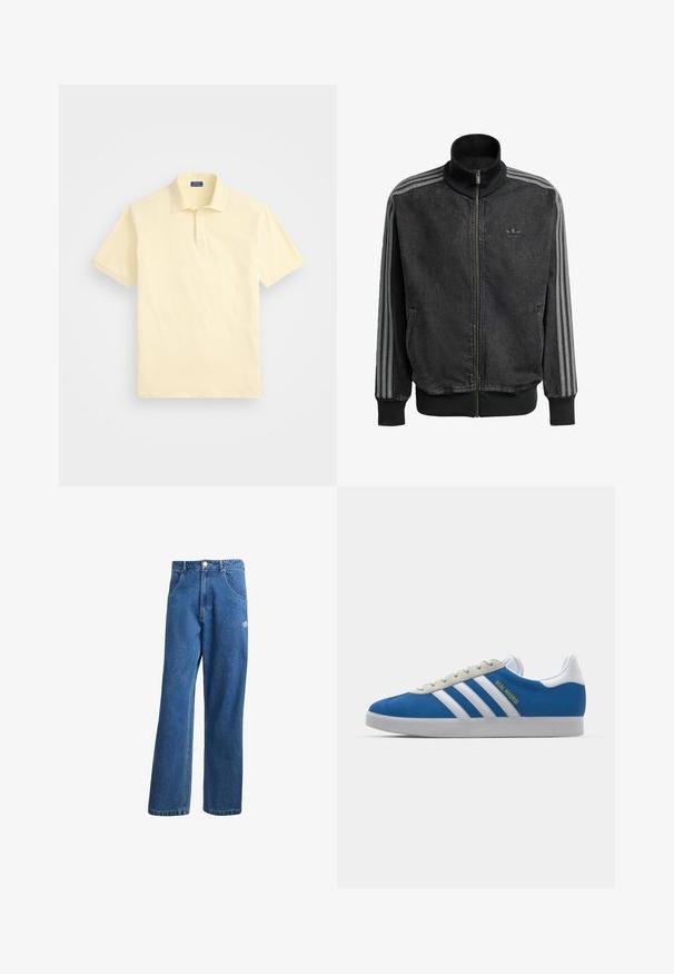 Černá sportovní bunda na zip s vysokým límcem, šedým třemi pruhy podél rukávů a žebrovanými manžetami a spodním lemem. Obsahuje decentní logo na hrudi.; Polo tričko ve světle žluté barvě, krátké rukávy, bavlněná tkanina, klasický límec, decentní logo na hrudi, kontrastní lem límce.; Modré vysoké široké džíny s vysokým pasem, předními kapsami, poutky na opasek, knoflíkovým zapínáním a malým logem Adidas na pravém stehně.; adidas Originals ADIDAS GAZELLE SHOES - Sálové kopačky - real madrid/bluebird/footwear white/crew yellow