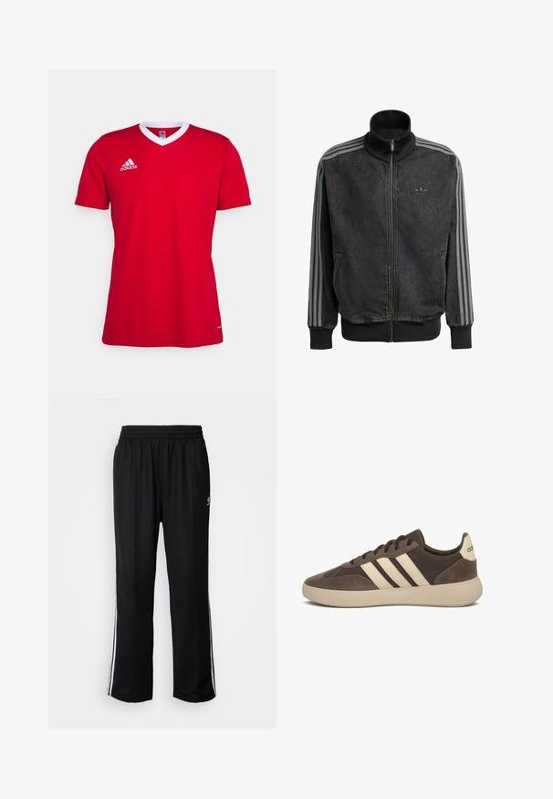 Chaqueta deportiva negra con cremallera y cuello alto, detalles en gris con tres franjas a lo largo de las mangas y puños y dobladillo acanalados. Presenta un sutil logo en el pecho.; Camiseta de fútbol roja de Adidas con cuello en V blanco. Mangas cortas y un sutil logo en el área del pecho izquierdo. Textura de tela suave.; Pantalones deportivos negros con cintura elástica, que presentan rayas laterales blancas y un pequeño logotipo. El material parece suave y ligero.; Zapatilla de gamuza marrón con tres rayas blancas, punta redondeada, suela gruesa de goma y marca mínima en el talón.