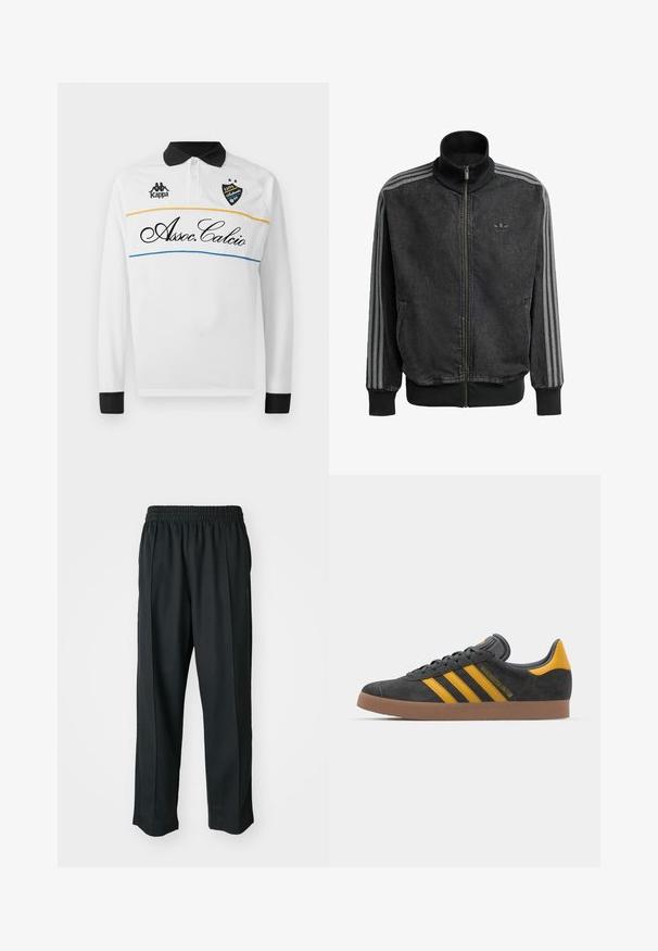 Svart treningsjakke med glidelås og høy krage, grå tre-stripe detaljer langs ermene, samt ribbet mansjetter og nederkant. Har en subtil logo på brystet.; Hvit langermet polo skjorte med svart krage og mansjetter. Har et horisontalt design med gule og blå striper. Kappa-logo og "Assoc.Calcio" i skrift.; Sorte idrettsbukser med elastisk midje, laget av glatt stoff, med subtile sidesømmer og en avslappet passform, rett ben-design.; Sort skinnesko i svart semsket skinn med gule detaljer, med tre striper og en brun gummisåle. Inkluderer en polstret tunge for komfort.