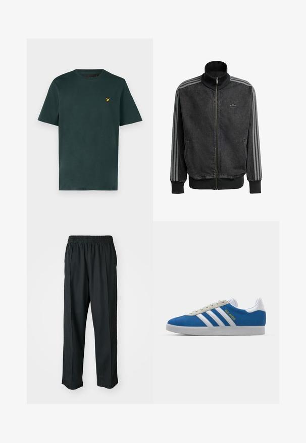 Svart treningsjakke med glidelås og høy krage, grå tre-stripe detaljer langs ermene, samt ribbet mansjetter og nederkant. Har en subtil logo på brystet.; Lyle & Scott T-shirts - argyle teal; Sorte idrettsbukser med elastisk midje, laget av glatt stoff, med subtile sidesømmer og en avslappet passform, rett ben-design.; adidas Originals ADIDAS GAZELLE SHOES - Innendørsfotballsko - real madrid/bluebird/footwear white/crew yellow