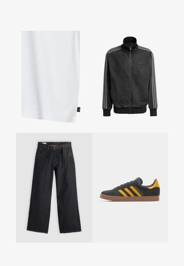 Crna sportska jakna na zatvaranje s visokom ovratnikom, siva trostruka oznaka duž rukava i rebrasti manžeti i donji rub. Ima diskretan logo na prsima.; Bijela pamučna majica s glatkom teksturom, opuštenog kroja, i malim crnim oznakom od tkanine na donjem bočnom šavu. Bez vidljivih uzoraka.; Tamne tamnoplavih širokih hlača s pojasom u struku, s prednjim džepovima i kontrastnim šavovima. Glatka tekstura s jednostavnim dizajnom.; Crne nubuk tenisice s žutim detaljima, sa tri pruge i smešnim gumenim potplatom. Imaju jastučić na jeziku za udobnost.