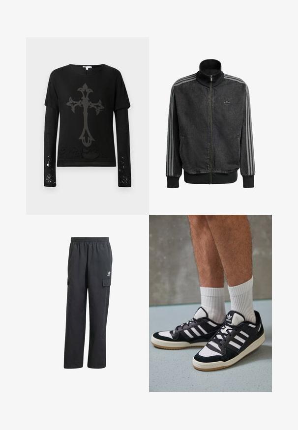 Črna jopica za šport z zadrgo in visokim ovratnikom, s sivimi črtami ob rokavih ter rebrastimi manšetami in spodnjim robom. Ima diskreten logotip na prsih.; Črna dolga rokavica s kratkimi rokavi, ki ima velik sivi križni motiv in obrabljene poudarke v bližini roba in rokavov.; Črne cargo hlače z elastičnim pasom, dvema stranskima žepoma in subtilnim logotipom na levem stegnu. Narejene iz lahkega materiala.; Črno-bele superge z zgornjim delom iz usnja in nubuka, ki imajo tri bele črte, perforiran vrh prstov in podplat iz gume.