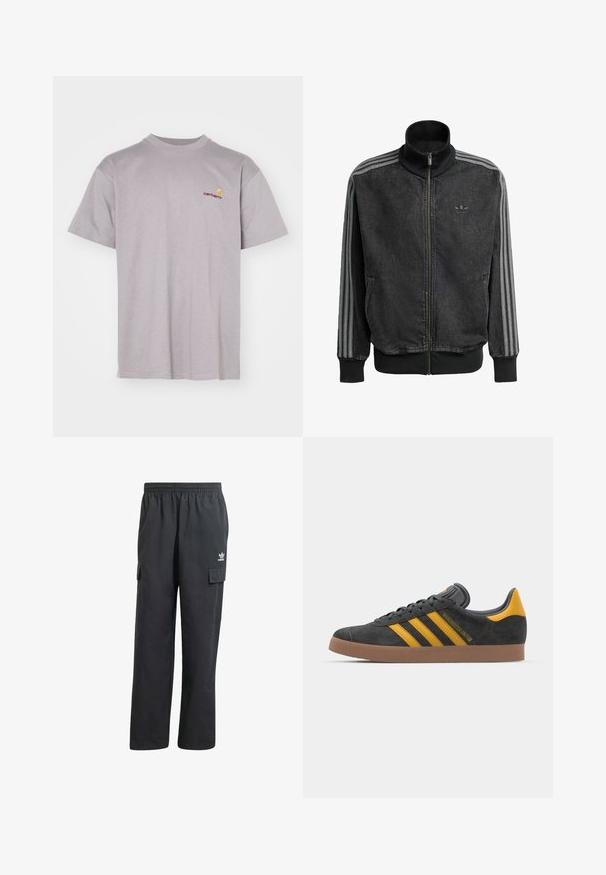 Giacca sportiva nera con zip e colletto alto, accenti grigi a tre strisce lungo le maniche e polsini e orlo a coste. Presenta un logo discreto sul petto.; T-shirt in cotone grigio con colletto rotondo. Presenta maniche corte e un piccolo logo ricamato in rosso e giallo sul lato sinistro del petto.; Pantaloni cargo neri con un elastico in vita, due tasche laterali e un logo discreto sulla coscia sinistra. Realizzati in un tessuto leggero.; Sneaker in suede nero con dettagli gialli, dotato di tre strisce e una suola in gomma marrone. Include una linguetta imbottita per il comfort.