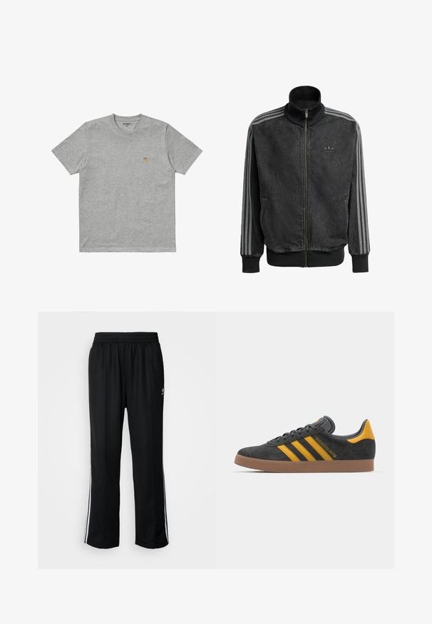 Giacca sportiva nera con zip e colletto alto, accenti grigi a tre strisce lungo le maniche e polsini e orlo a coste. Presenta un logo discreto sul petto.; Carhartt WIP CHASE - T-shirt basic - grey; Pantaloni da allenamento neri con elastico in vita, dotati di bande laterali bianche e un piccolo logo. Il materiale sembra morbido e leggero.; Sneaker in suede nero con dettagli gialli, dotato di tre strisce e una suola in gomma marrone. Include una linguetta imbottita per il comfort.