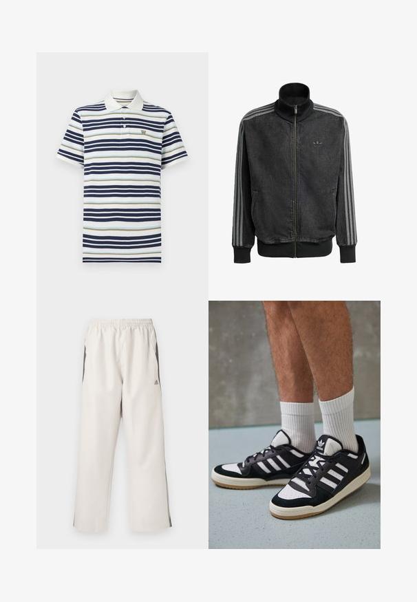 Jaqueta atlética preta com fecho zip frontal e gola alta, detalhes em cinza com três riscas ao longo das mangas e punhos e bainha canelados. Apresenta um logotipo discreto no peito.; Camisa polo às riscas em azul marinho, azul claro e bege. Material em algodão com colarinho clássico e placket de três botões. Pequeno logótipo no peito.; Calças de desporto de cor bege claro com cintura elástica, bolsos laterais, riscas pretas nas laterais e um logótipo da Adidas na coxa esquerda. Textura do tecido suave.; Ténis em preto e branco com upper em camurça e couro, apresentando três riscas brancas, um toe perfurado e uma sola em borracha de goma.