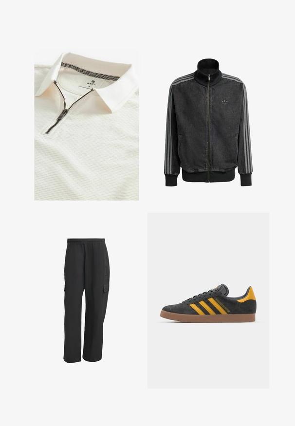 Giacca sportiva nera con zip e colletto alto, accenti grigi a tre strisce lungo le maniche e polsini e orlo a coste. Presenta un logo discreto sul petto.; Polo bianco con un motivo testurizzato, chiusura con zip e interno del colletto a scacchi. L'etichetta riporta "NEXT" con la taglia "M."; Pantaloni cargo neri con elastico in vita, dotati di tasche laterali, vestibilità larga e tessuto a trama. Progettati per comfort e utilità.; Sneaker in suede nero con dettagli gialli, dotato di tre strisce e una suola in gomma marrone. Include una linguetta imbottita per il comfort.