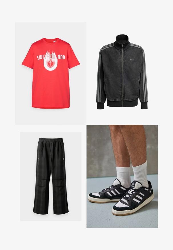 Veste de sport noire zippée avec col haut, accents gris à trois bandes le long des manches, et poignets et ourlet côtelés. Présente un logo discret sur la poitrine.; T-shirt en coton rouge avec "SUISSE" en lettres blanches, présentant un design graphique circulaire intégrant le logo suisse. Manches courtes.; Pantalons à carreaux noirs avec une taille élastique, deux poches avant et une coupe ample avec une conception à jambe droite. Fabriqués en matériau léger.; Baskets noir et blanc avec une tige en suède et cuir, comportant trois rayures blanches, un bout perforé et une semelle en caoutchouc gum.