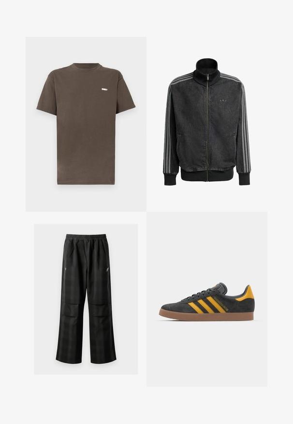 Black zip-up athletic jacket with high collar, grey three-stripe accents along sleeves, and ribbed cuffs and hem. Features subtle logo on chest.; Brown cotton t-shirt with a round neck and short sleeves. Features a small white "OBEY" logo on the upper left chest area.; Black plaid pants featuring an elastic waistband, two front pockets, and a loose fit with a straight leg design. Made from lightweight material.; Black suede sneaker with yellow accents, featuring three stripes and a brown rubber sole. Includes a padded tongue for comfort.