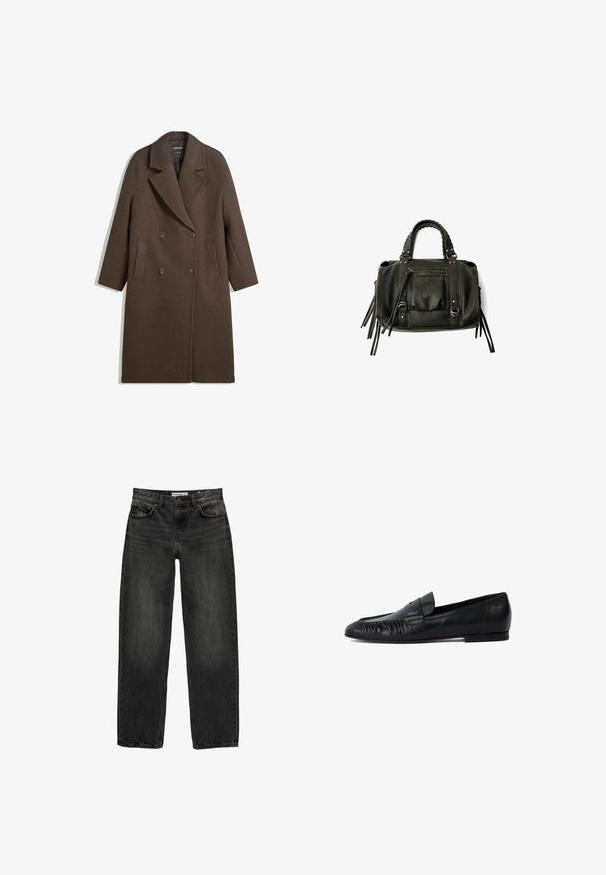 Cappotto di lana marrone a doppio petto con ampi rever, quattro bottoni, maniche lunghe e due tasche anteriori a fessura, steso su sfondo bianco.; Maglione nero a maniche lunghe con scollo rotondo, polsini e orlo a coste, mostrato disteso su uno sfondo bianco.; Jeans in denim nero con una vestibilità rilassata, gamba dritta, design a cinque tasche e una texture leggermente sbiadita. Chiusura con bottone e zip nella parte anteriore.; Mocassini in pelle nera con punta arrotondata, dettagli cuciti sul davanti e suola piatta. Design minimalista con un sottile accento del logo.; Borsa a tracolla in pelle nera con manici intrecciati, tasca con zip e nappine pendenti. Superficie texturizzata con borchie metalliche e dettagli in metallo.