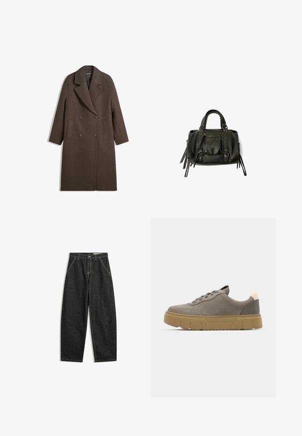 Barna, dupla soros gyapjú kabát széles hajtókákkal, négy gombbal, hosszú ujjakkal és két elülső hasíték zsebbel, fehér háttéren elterítve.; Fekete hosszú ujjú kerek nyakú pulóver bordázott mandzsettákkal és szegéllyel, fehér háttéren, laposan elhelyezve.; Fekete, magas derekú, bő szárú farmernadrág elülső zsebekkel, gombos záródással és látható bézs varrásokkal, fehér háttér előtt.; Szürke velúr sportcipő vastag bézs gumitalppal, kerek orral és szürke fűzős rögzítéssel. Kiemelkedő jellemzője a saroknál lévő logó és a hátsó krémszínű díszités.; Fekete bőrtáska fonott füllel, cipzáras zsebbel és lógó bojtokkal. Texturált felület fém szegecsekkel és hardver díszítésekkel.