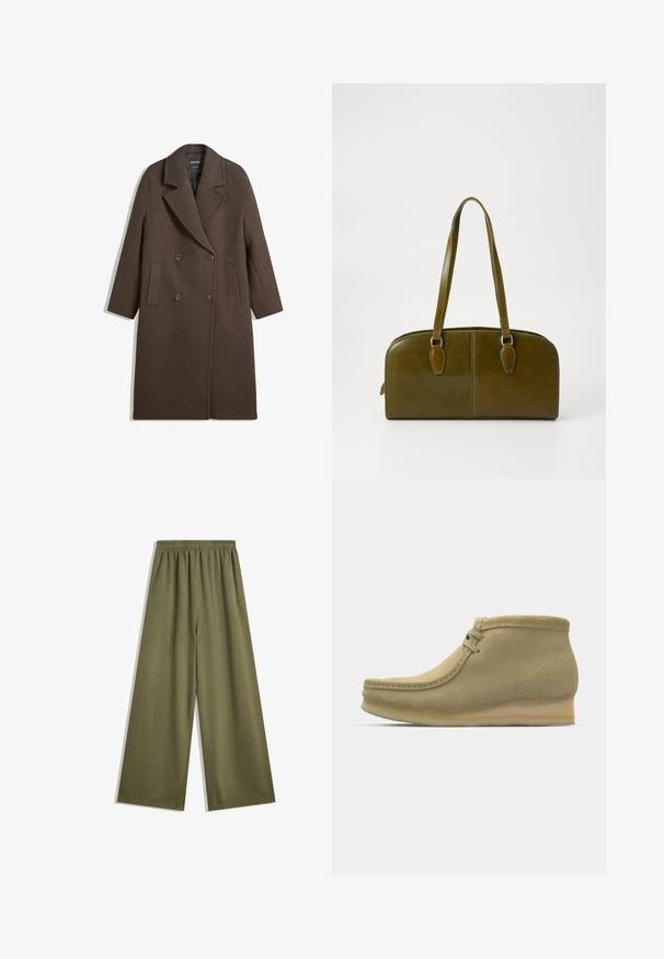 Brun dubbelknäppt ulljacka med breda slag, fyra knappar, långa ärmar och två framfickor, liggande platt på vit bakgrund.; Brun långärmad stickad tröja med rund halsringning och ribbade muddar och fåll, märkt Stradivarius.; Olivgrön byxor med vida ben och elastisk midja, tillverkade av mjukt tyg. Har en slät yta och skräddarsydda sömmar för en snygg finish.; Beige mockasinfärgad läderstövletter med rund tå, minimal sömnad, en liten klack och snörning för justerbar passform.; Olivgrön läderhandväska med rundad form, dubbla handtag och sömlig front. Har en len yta och subtila sömnadsdetaljer.