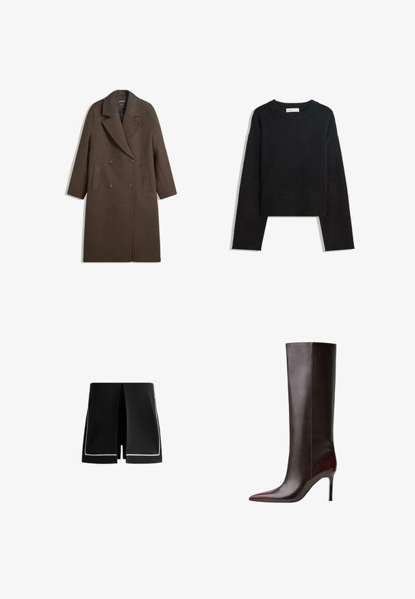 Barna, dupla soros gyapjú kabát széles hajtókákkal, négy gombbal, hosszú ujjakkal és két elülső hasíték zsebbel, fehér háttéren elterítve.; Fekete, hosszú ujjú kötött pulóver, kerek nyakkivágással, ribbölt mandzsettákkal és aljjal, valamint rövidített hosszal.; Fekete rövidnadrág, amely egyedi osztott dizájnnal rendelkezik, fehér díszítéssel a széleken. Könnyű anyagból készült, és letisztult, modern szabása van.; Barna bőr térdfeletti csizma hegyes orral, sima felülettel és tűsarokkal. Oldalt varrás részletek.