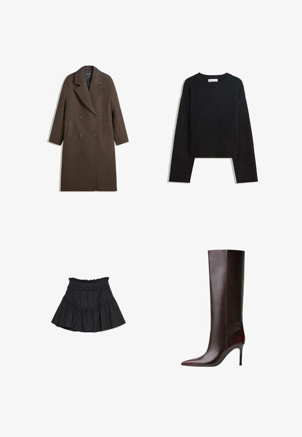 Barna, dupla soros gyapjú kabát széles hajtókákkal, négy gombbal, hosszú ujjakkal és két elülső hasíték zsebbel, fehér háttéren elterítve.; Fekete, hosszú ujjú kötött pulóver, kerek nyakkivágással, ribbölt mandzsettákkal és aljjal, valamint rövidített hosszal.; Fekete, réteges mini szoknya puha anyagból, fodros díszítéssel a deréknál és a szegélyen, bővülő szabással és rugalmas derékrésszel.; Barna bőr térdfeletti csizma hegyes orral, sima felülettel és tűsarokkal. Oldalt varrás részletek.
