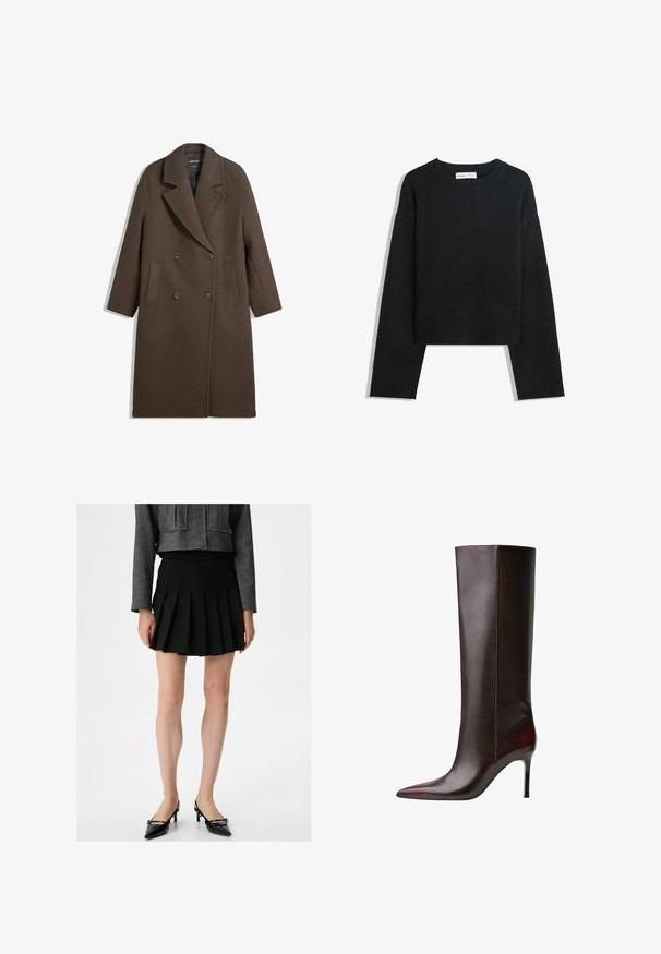 Brązowy podwójnie zapinany wełniany płaszcz z szerokimi klapami, czterema guzikami, długimi rękawami i dwoma przednimi kieszeniami szczelinowymi, leży płasko na białym tle.; Czarny sweter z długim rękawem, dzianinowy, z okrągłym dekoltem, ribbowymi mankietami i dolnym wykończeniem oraz skróconą długością.; Czarna plisowana spódnica o gładkiej teksturze. W połączeniu z krótką, szaro-teksturalną kurtką i czarnymi szpilkami o spiczastym nosku. Prosty, klasyczny design.; Brązowy skórzany kozak do kolan z czubkiem w kształcie stożka, gładką teksturą i szpilkowym obcasem. Szwy biegnące wzdłuż boku.