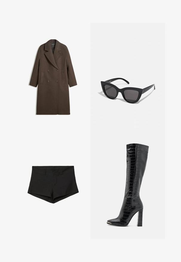 Cappotto di lana marrone a doppio petto con ampi rever, quattro bottoni, maniche lunghe e due tasche anteriori a fessura, steso su sfondo bianco.; Maglione nero a maniche lunghe in maglia con colletto rotondo, polsini e orlo a costine, e lunghezza corta.; Shorts neri in cotone con un design aderente, dotati di una vita alta e tasche laterali. Il tessuto ha una consistenza liscia e cuciture minime.; RAID JOCELYN - Stivali alti - black; Occhiali da sole neri a forma di occhio di gatto con finitura opaca, dotati di lenti grigie, angoli acuti e stanghette slanciate. Nome del marchio visibile all'interno della stanghetta.