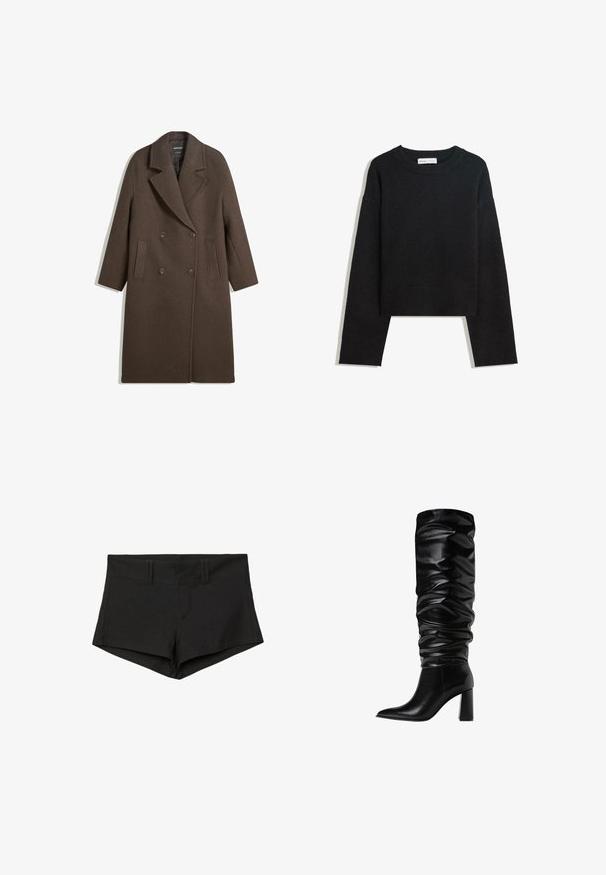 Bruna villakangastakki, jossa on leveät läpät, neljä nappia, pitkät hihat ja kaksi etureikätaskua, aseteltuna tasaisesti valkoiselle taustalle.; Musta pitkähihainen neulepaita pyöreällä kaula-aukolla, ribbireunuksilla hihoissa ja helmassa sekä lyhyellä mitalla.; Mustat puuvillahousut, joissa on sopiva muotoilu, korkealla vyötäröllä ja sivutaskuilla. Kangas on sileä ja saumat minimissään.; Polvisen korkeudelle ulottuvat mustat nahkasaappaat, joissa on löysä muotoilu, teräväkärkinen ja paksupohjainen korko, sekä sileä, kiiltävä pinta.