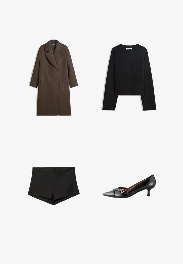 Brauner doppelt gepolsterter Wollmantel mit breiten Revers, vier Knöpfen, langen Ärmeln und zwei vorderen schrägen Taschen, flach auf einem weißen Hintergrund ausgelegt.; Schwarzer langärmeliger Strickpullover mit Rundhalsausschnitt, gerippten Bündchen und Saum sowie verkürzter Länge.; Schwarze Baumwollshorts mit figurbetontem Schnitt, hoch geschnittener Taille und Seitentaschen. Der Stoff hat eine glatte Textur und minimale Nähte.; Schwarze Lederhohe Schuhe mit spitzer Zehe, dekorativem Schnallen- und Riemchen-Detail sowie einem taillierten Absatzdesign. Glatte Textur über die gesamte Oberfläche.
