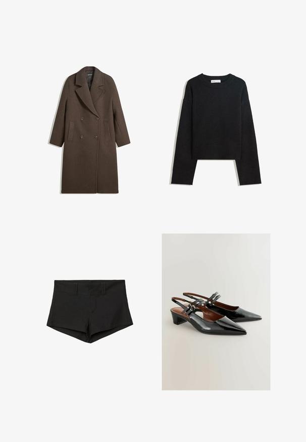Smeđi vuneni kaput s dvostrukim kopčanjem, širokim reverima, četiri gumba, dugim rukavima i dva prednja proreza, položen ravno na bijeloj podlozi.; Crni dugi rukavi pleteni pulover s okruglim izrezom, rebrastim manžetama i rubom, te skraćenom dužinom.; Crne pamučne kratke hlače s prilagođenim dizajnom, koje imaju visoki struk i bočne džepove. Tkanina ima glatku teksturu i minimalne šavne.; Crne lakirane cipele s remenom oko pete, sa šiljastim vrhom, srednjim potplatom i dekorativnim kopčama. Glatka tekstura s elegantnim dizajnom.