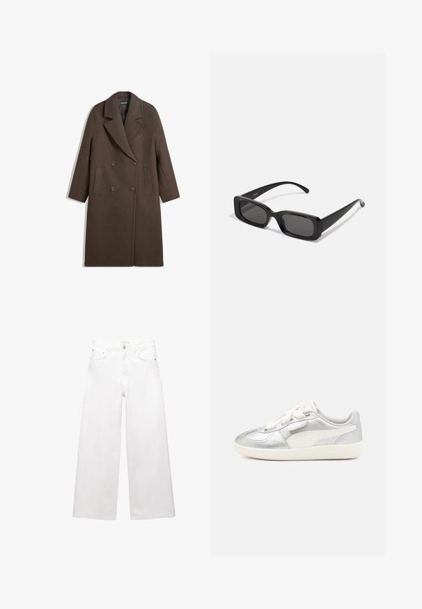 Palton din lână, maro, cu guler lat, cu două rânduri de nasturi, patru nasturi, mâneci lungi și două buzunare frontale cu fante, așezat pe un fundal alb.; Pulover tricotat negru cu mânecă lungă, guler rotund, manșete și tivș ribetate și lungime scurtă.; Blugi albi cu croiala larga, din bumbac, cu talie inalta, design cu cinci buzunare si accente din alamă. Textura netedă, fără uzură.; Sneaker metalizat argintiu cu accente albe, superior sintetic neted, sistem de închidere cu șireturi și talpă din cauciuc texturat. Logo PUMA pe lateral.; Ochelari de soare negri, cu ramă rectangulară, lentile întunecate, finisaj lucios, brațe late și un design masiv. Numele mărcii gravat pe una dintre brațe.; Even&Odd Geantă de mână - black