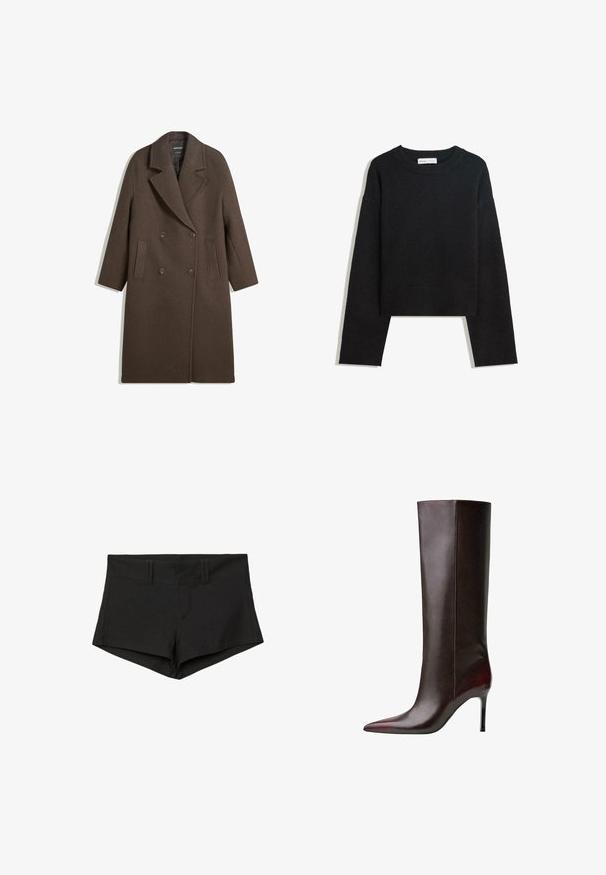 Manteau en laine marron à double boutonnage avec larges revers, quatre boutons, manches longues et deux poches avant fendues, posé à plat sur un fond blanc.; Pull en maille noir à manches longues avec col rond, poignets et ourlet côtelés, et longueur cropped.; Shorts en coton noir au design ajusté, avec une taille haute et des poches latérales. Le tissu a une texture lisse et des coutures minimales.; Botte en cuir marron jusqu'au genou avec un design à bout pointu, texture lisse et un talon aiguille. Coutures le long du côté.