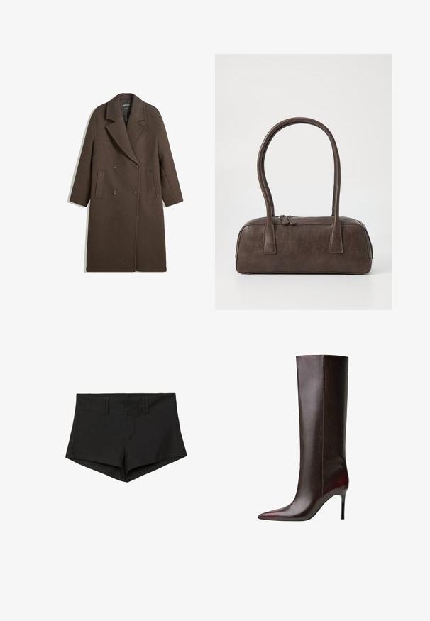 Brun dubbelknäppt ulljacka med breda slag, fyra knappar, långa ärmar och två framfickor, liggande platt på vit bakgrund.; Svart långärmad stickad tröja med rund halsringning, ribbade manschetter och nederkant, samt cropped längd.; Svarta bomullsshorts med en figurnära design, med hög midja och sidofickor. Tyget har en mjuk textur och minimala sömmar.; Bruna läderknähöga stövlar med en spetsig tådesign, slät textur och stilettklack. Sömmar längs sidan.; Brun läderhandväska med två stadiga handtag, rektangulär form, slät yta och dragkedjestängning. Minimalistisk design utan synliga mönster.