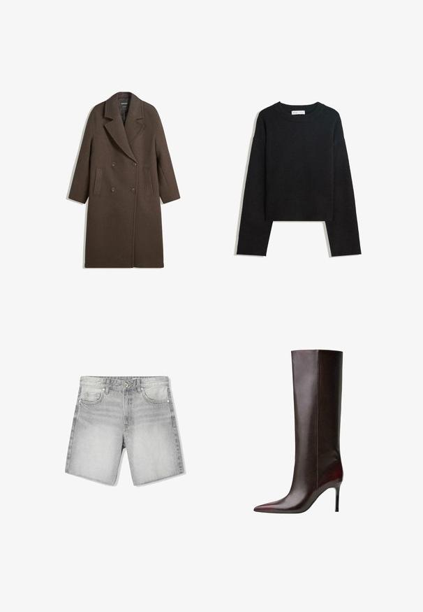 Bruna villakangastakki, jossa on leveät läpät, neljä nappia, pitkät hihat ja kaksi etureikätaskua, aseteltuna tasaisesti valkoiselle taustalle.; Musta pitkähihainen neulepaita pyöreällä kaula-aukolla, ribbireunuksilla hihoissa ja helmassa sekä lyhyellä mitalla.; Harmaat farkkushortsit, joissa on haalistunut viimeistely, viiden taskun muotoilu, vyölenkit ja etupainonappi. Sileä pinta.; Korkeavyötäiset ruskeat nahkasaappaat, joissa on terävä kärki, siloinen pinta ja stiletto-korko. Saumaulkoinen yksityiskohta sivuilla.