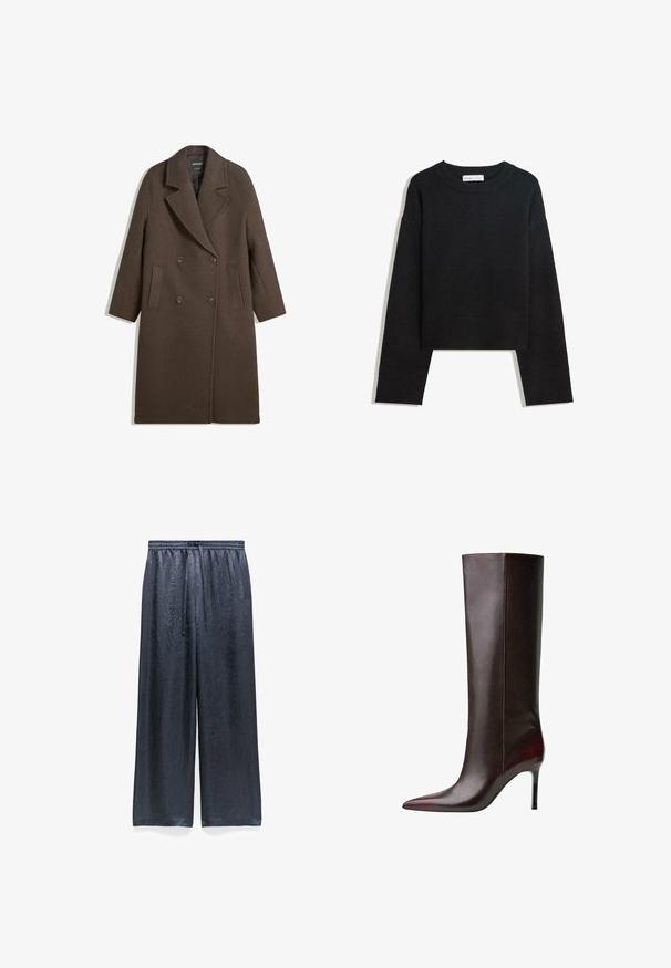 Bruine dubbel-breasted wollen jas met brede revers, vier knopen, lange mouwen en twee voorzakken, plat gelegd op een witte achtergrond.; Zwarte lange mouwen gebreide trui met ronde halslijn, geribde manchetten en zoom, en een cropped lengte.; Wijde broek gemaakt van textiel met een glanzend zwart materiaal. Beschikt over een elastische tailleband met een trekkoord en heeft een ontspannen pasvorm.; Bruine leren kniehoge laars met een puntige neus, slanke textuur en een naaldhak. Naaddetails langs de zijkant.