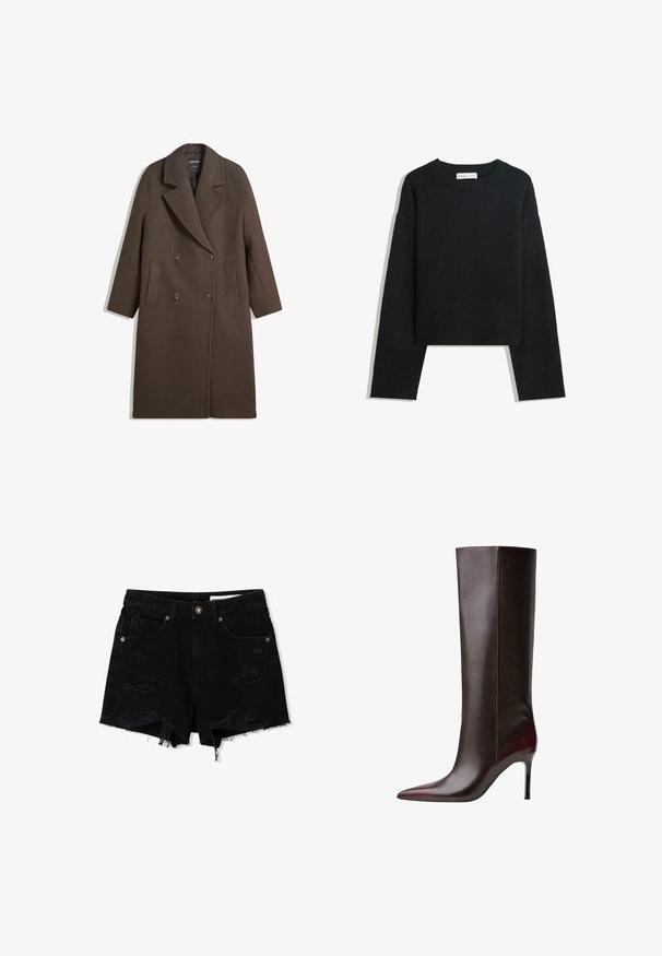 Barna, dupla soros gyapjú kabát széles hajtókákkal, négy gombbal, hosszú ujjakkal és két elülső hasíték zsebbel, fehér háttéren elterítve.; Fekete, hosszú ujjú kötött pulóver, kerek nyakkivágással, ribbölt mandzsettákkal és aljjal, valamint rövidített hosszal.; Fekete farmer rövidnadrág, rojtos szegéllyel, kopott részletekkel, öt zsebes kialakítással és ezüst színű gombokat tartalmazó kiegészítőkkel.; Barna bőr térdfeletti csizma hegyes orral, sima felülettel és tűsarokkal. Oldalt varrás részletek.