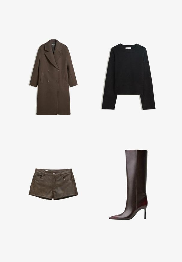 Palton din lână, maro, cu guler lat, cu două rânduri de nasturi, patru nasturi, mâneci lungi și două buzunare frontale cu fante, așezat pe un fundal alb.; Pulover tricotat negru cu mânecă lungă, guler rotund, manșete și tivș ribetate și lungime scurtă.; Şorturi din piele sintetică maro, cu o textură netedă, prezentând nituțe argintii pe buzunarele din față și o închidere cu buton.; Botină din piele maro, până la genunchi, cu un design cu vârf ascuțit, textură elegantă și toc stiletto. Detalii cu cusături de-a lungul lateralei.