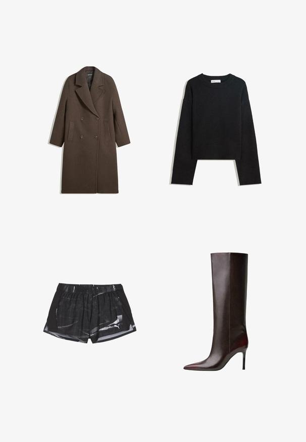 Barna, dupla soros gyapjú kabát széles hajtókákkal, négy gombbal, hosszú ujjakkal és két elülső hasíték zsebbel, fehér háttéren elterítve.; Fekete, hosszú ujjú kötött pulóver, kerek nyakkivágással, ribbölt mandzsettákkal és aljjal, valamint rövidített hosszal.; Fekete sportnadrág szürke absztrakt mintával, rugalmas derékkal és oldalsó hasítékokkal a szellőzésért, könnyű anyagból készült.; Barna bőr térdfeletti csizma hegyes orral, sima felülettel és tűsarokkal. Oldalt varrás részletek.