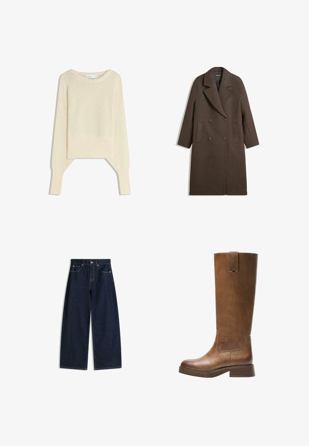Palton din lână, maro, cu guler lat, cu două rânduri de nasturi, patru nasturi, mâneci lungi și două buzunare frontale cu fante, așezat pe un fundal alb.; Pulover scurt de culoare bej deschis, realizat dintr-un material tricotat moale, are un decolteu larg, umeri căzuți și manșete și tiv ribbate.; Blugi din denim albastru închis cu picioare largi, buzunare frontale, închidere cu nasturi și cusături vizibile pe un fundal alb.; Botă din piele maro, până la genunchi, cu vârf rotunjit, suprafață texturată și toc mic, îngroșat. Dispune de un panou lateral și un capac de prindere în partea de sus.