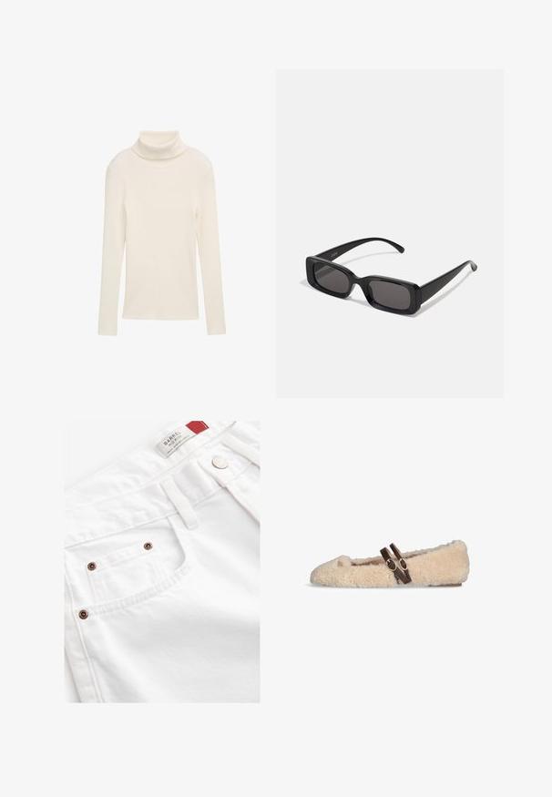 Palton din lână, maro, cu guler lat, cu două rânduri de nasturi, patru nasturi, mâneci lungi și două buzunare frontale cu fante, așezat pe un fundal alb.; Cămașă cu guler înalt din material raschel. Mâneci lungi și o siluetă ajustată. Fără modele vizibile sau accente de metal.; Șorturi din denim alb, cu un design de înălțime medie, stil cu cinci buzunare și accente din metal cu ton cuprat. Material texturat cu detalii cusute.; Pantof bej pufoș cu talpă plată, dotat cu două curele ajustabile maro închis pe partea de sus și un mic emblemă aurie aproape de degetul mare.; Ochelari de soare negri, cu ramă rectangulară, lentile întunecate, finisaj lucios, brațe late și un design masiv. Numele mărcii gravat pe una dintre brațe.