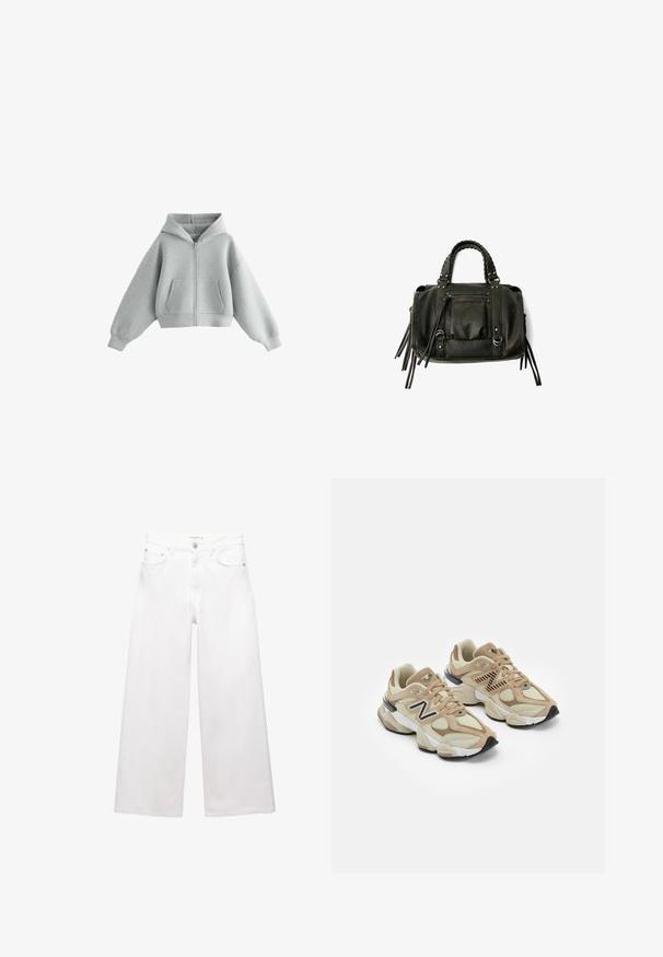 Cappotto di lana marrone a doppio petto con ampi rever, quattro bottoni, maniche lunghe e due tasche anteriori a fessura, steso su sfondo bianco.; Felpa grigia accorciata con zip realizzata in tessuto morbido. Presenta un cappuccio, due tasche frontali e maniche ampie. Texture liscia senza fantasie.; Jeans bianchi a gamba larga in cotone, caratterizzati da un'alta vita, design a cinque tasche e dettagli in ottone. Texture liscia e non trattata.; Sneaker beige realizzate in materiali mesh e suede. Presentano un logo nero e dettagli testurizzati. Suola intermedia spessa bianca e suola esterna in gomma nera.; Borsa a tracolla in pelle nera con manici intrecciati, tasca con zip e nappine pendenti. Superficie texturizzata con borchie metalliche e dettagli in metallo.