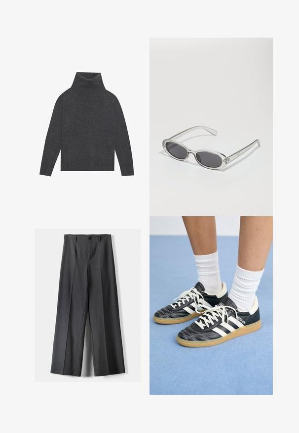Cappotto di lana marrone a doppio petto con ampi rever, quattro bottoni, maniche lunghe e due tasche anteriori a fessura, steso su sfondo bianco.; Maglione grigio a collo alto realizzato in un morbido knit testurizzato. Presenta maniche lunghe e una forma rilassata e squadrata con orlo e polsini a costine.; Pantaloni a gamba larga in tessuto grigio scuro, dotati di chiusura con bottone, pieghe frontali e passanti per cintura. Texture liscia con un design su misura.; Sneaker in pelle nera con strisce bianche, punta rotonda, lacci bianchi e suola in gomma. Menzionate del collare imbottito e dettagli del marchio.; Occhiali da sole con forma ovale, montatura in plastica trasparente, lenti grigie scure e aste sottili trasparenti con accenti di logo e dettagli minimi.; Borsa tote in pelle nera con un design morbido e floscio, manici larghi e una texture liscia. Nessun hardware o decorazione visibile.