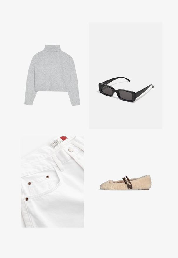Rjav dvoredni volnen plašč s širokimi reverji, štirimi gumbi, dolgimi rokavi in dvema sprednjima žepoma, položen na belo podlago.; Siva, skrajšana puli majica z ribastimi manšetami in robom. Narejena iz mehkega materiala z gladko teksturo in čistim dizajnom.; Bele hlače iz belega jeansa s srednjim pasom, petimi žepi in kovinskimi dodatki v bakreni barvi. Teksturna tkanina z našitimi podrobnostmi.; Bežasti puhasti mokasini s dvema temno-rjavima nastavljivima pasom čez vrh in majhnim zlatim emblemom blizu prstov.; Črne pravokotne sončna očala z temnimi lečami, sijajna površina, široka ročaja in masiven okvir. Vgravirano ime blagovne znamke na eni ročaji.