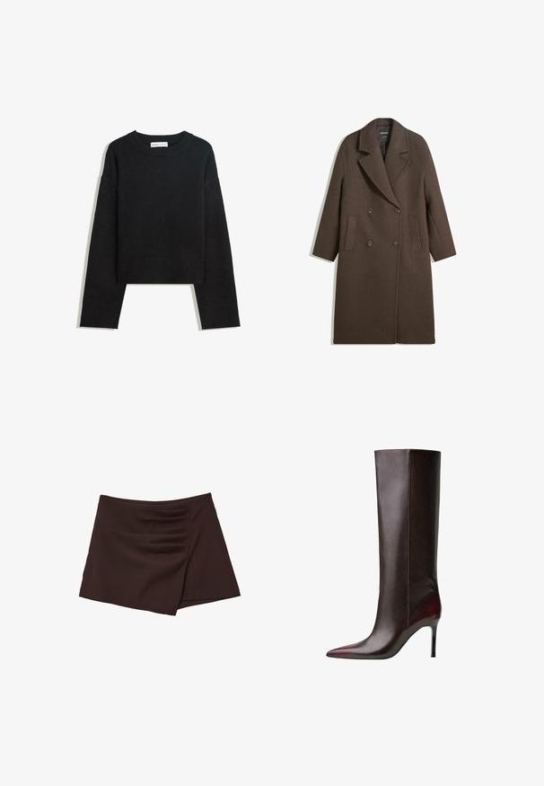 Brauner doppelt gepolsterter Wollmantel mit breiten Revers, vier Knöpfen, langen Ärmeln und zwei vorderen schrägen Taschen, flach auf einem weißen Hintergrund ausgelegt.; Schwarzer langärmeliger Strickpullover mit Rundhalsausschnitt, gerippten Bündchen und Saum sowie verkürzter Länge.; Brauer Minirock aus glattem Stoff mit einem Reißverschluss an der Seite und Falten-Details an der Vorderseite, entworfen mit einem leicht asymmetrischen Saum.; Braune Leder-Stiefel bis zum Knie mit spitzem Zehendesign, schlanker Textur und Stiletto-Absatz. Nahtverarbeitung entlang der Seite.