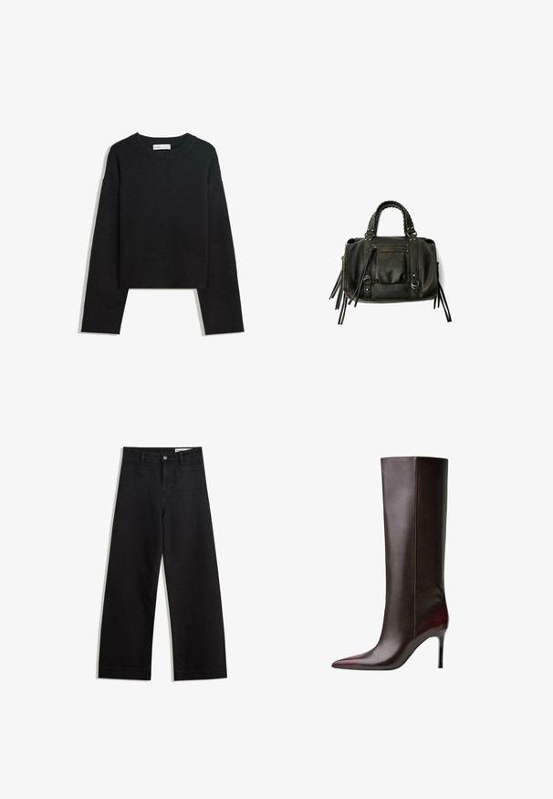 Hnědý dvouřadý vlněný kabát s širokými klopami, čtyřmi knoflíky, dlouhými rukávy a dvěma předními šikmými kapsami, položený na bílém pozadí.; Černý pletený svetr s dlouhým rukávem, kulatým výstřihem, vroubkovanými manžetami a lemem, a zkrácenou délkou.; Černé denimové kalhoty s volným střihem a vysokým pasem, vybavené předními a zadními kapsami, prošívanými švy a knoflíkovým zapínáním. Hladká textura.; Hnědá kožená vysoká bota po kolena s špičatou špičkou, hladkým povrchem a středně vysokým podpatkem. Švy podél strany.; Černá kožená kabelka s pletenými rukojetmi, kapsou na zip a visícími třásněmi. Texturovaný povrch s kovovými hroty a kovovými akcenty.