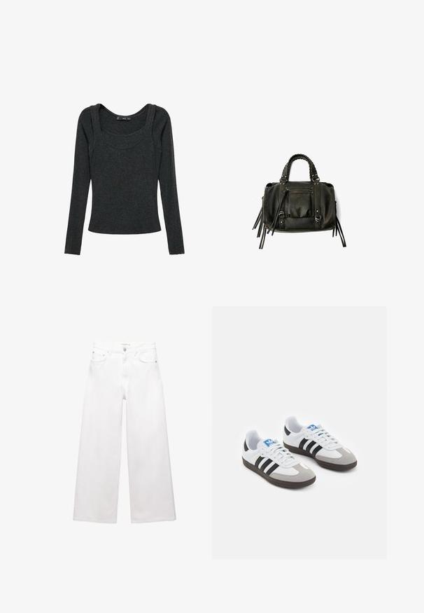 Manteau en laine marron à double boutonnage avec larges revers, quatre boutons, manches longues et deux poches avant fendues, posé à plat sur un fond blanc.; Haut à manches longues en gris foncé, fabriqué en tissu doux. Il présente un col rond et une silhouette ajustée avec des détails de couture aux épaules.; Jean blanc à jambes larges en coton, avec une taille haute, un design à cinq poches et des accents en laiton. Texture lisse, sans déchirures.; Baskets avec une tige en cuir blanc, un bout en daim gris et trois bandes noires. Présente un logo bleu sur la languette et une semelle en caoutchouc texturée.; Sac à main en cuir noir avec des poignées tressées, une poche zippée et des glands suspendus. Surface texturée avec des clous en métal et des accents en métal.