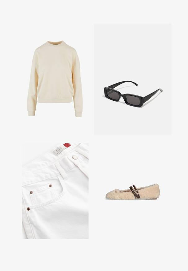 Brązowy podwójnie zapinany wełniany płaszcz z szerokimi klapami, czterema guzikami, długimi rękawami i dwoma przednimi kieszeniami szczelinowymi, leży płasko na białym tle.; Kremowa bluza z okrągłym dekoltem, z długimi rękawami, luźnym krojem, ściągaczami przy rękawach oraz gładką fakturą, podkreślająca prostotę w designie.; Beżowa bluzka z długim rękawem, okrągłym dekoltem i marszczeniami po bokach, wykonana z miękkiej, teksturowanej tkaniny.; Białe dżinsowe szorty z średnim stanem, pięcioma kieszeniami i akcentami w kolorze miedzi. Teksturowany materiał z haftowanymi detalami.; Beżowy, puszysty płaski but z dwiema ciemnobrązowymi, regulowanymi klamrami na górze oraz małym złotym emblematem w pobliżu palca.; Czarne prostokątne okulary przeciwsłoneczne z ciemnymi szkłami, błyszczącym wykończeniem, szerokimi zausznikami i masywną konstrukcją. Wygrawerowana nazwa marki na jednym z zauszników.