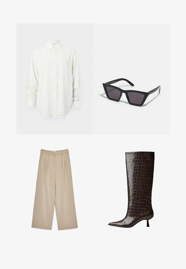 Brown double-breasted wool coat with wide lapels, four buttons, long sleeves, and two front slit pockets, laid flat on white background.; White long-sleeve button-up shirt with a collar, single chest pocket, and rolled-up sleeves. Soft, smooth fabric and relaxed fit.; Beige wide-leg trousers with front pleats, side pockets, belt loops, and a concealed front fastening.; Knee-high brown leather boots with a crocodile pattern, pointed toe, and a short square heel. Smooth texture throughout.; Black, angular sunglasses with gray lenses; made of plastic, featuring thick arms with a smooth surface and no visible hardware.; Black leather handbag with a smooth texture, minimalistic design, and a single, curved shoulder strap. Open top, no visible hardware.; Anna Field LEATHER - Gloves - black