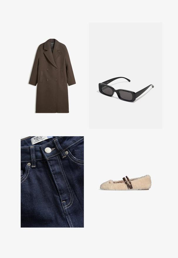 Bruine dubbel-breasted wollen jas met brede revers, vier knopen, lange mouwen en twee voorzakken, plat gelegd op een witte achtergrond.; Witte tanktop van lichtgewicht stof. Kenmerkt een ronde halslijn en brede armsgaten, met een gladde textuur en een minimalistisch ontwerp.; Next WIDE - Wide leg - rinse; Beige, pluizige platte schoen met twee donkerbruine, verstelbare gespbandjes over de bovenkant en een klein gouden embleem nabij de tenen.; Zwarte rechthoekige zonnebril met donkere lenzen, glanzende afwerking, brede pootjes en een robuust frameontwerp. Gegraveerde merknaam op één van de pootjes.