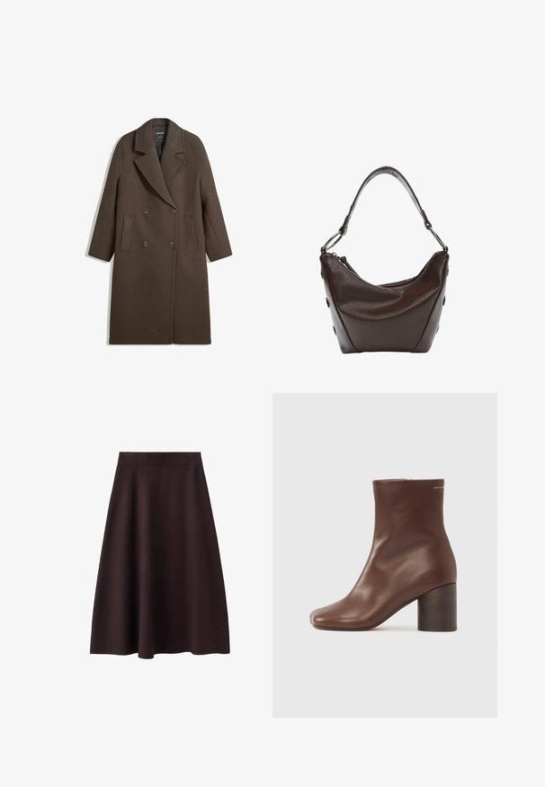 Cappotto di lana marrone a doppio petto con ampi rever, quattro bottoni, maniche lunghe e due tasche anteriori a fessura, steso su sfondo bianco.; Maglione a maniche corte grigio scuro a maglia con colletto tondo, caratterizzato da una vestibilità morbida e maniche raglan, realizzato in un tessuto soffice e texturizzato.; Gonna A-line marrone scuro, lunga fino al ginocchio, con una consistenza liscia e una vita aderente. Nessun motivo o accentuazione visibile. Design semplice.; Stivaletti alla caviglia in pelle marrone con texture liscia, punta quadrata e tacco robusto in legno, dotati di una semplice cerniera lungo il lato.; Borsa in pelle marrone scuro con forma curvata, chiusura con zip e manico corto. Caratterizzata da hardware in metallo e bottoni neri decorativi sul lato.