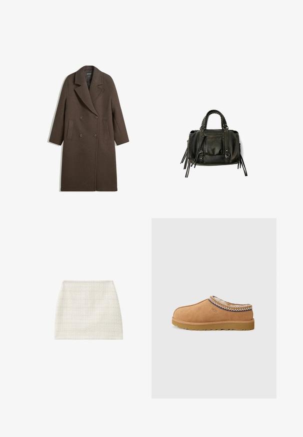 Bruna villakangastakki, jossa on leveät läpät, neljä nappia, pitkät hihat ja kaksi etureikätaskua, aseteltuna tasaisesti valkoiselle taustalle.; Valkoinen pitkähihainen paita, jossa on venepääntie. Valmistettu pehmeästä materiaalista, jossa on leveät hihat ja suora helma, mikä tarjoaa yksinkertaisen ja monikäyttöisen muotoilun.; Valkoinen teksturoitu mini-hame, jossa on kudottu kuvio ja suora siluetti. Kankaassa on hienovarainen kiilto ja rakennettu ulkonäkö.; Tan suede slip-on kengät, joissa on teksturoitu villa vuori ja koristeellinen etnistyylinen neulonta kaulan ympärillä. Varustettu kumipohjalla.; Musta nahkainen käsilaukku letitetuilla kahvoilla, vetoketjullinen tasku ja roikkuvat tupsut. Muotoiltu pinta metallisten niittien ja varusteiden korostuksilla.